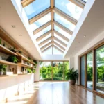 Bright skylight room with wood beams, plants and garden views