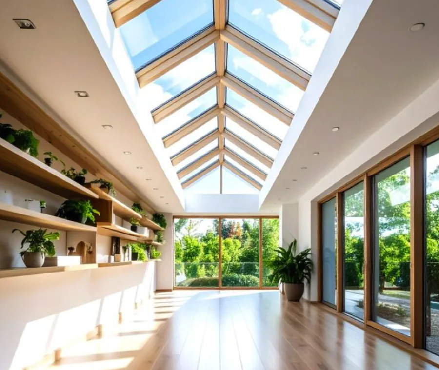 Bright skylight room with wood beams, plants and garden views