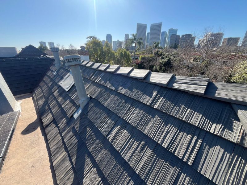Cedar shake roof with Century City skyline in the background