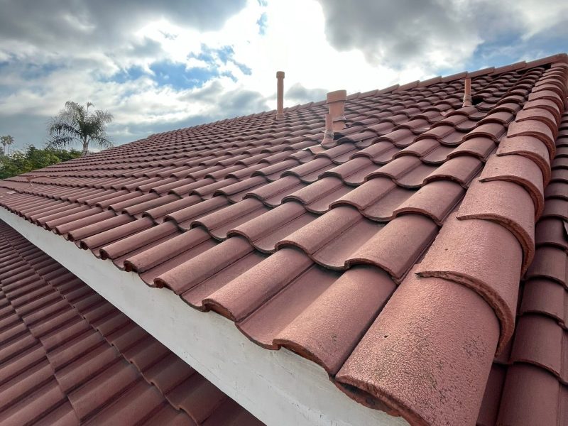 Spanish tile roof with white fascia and palm trees in the foothills